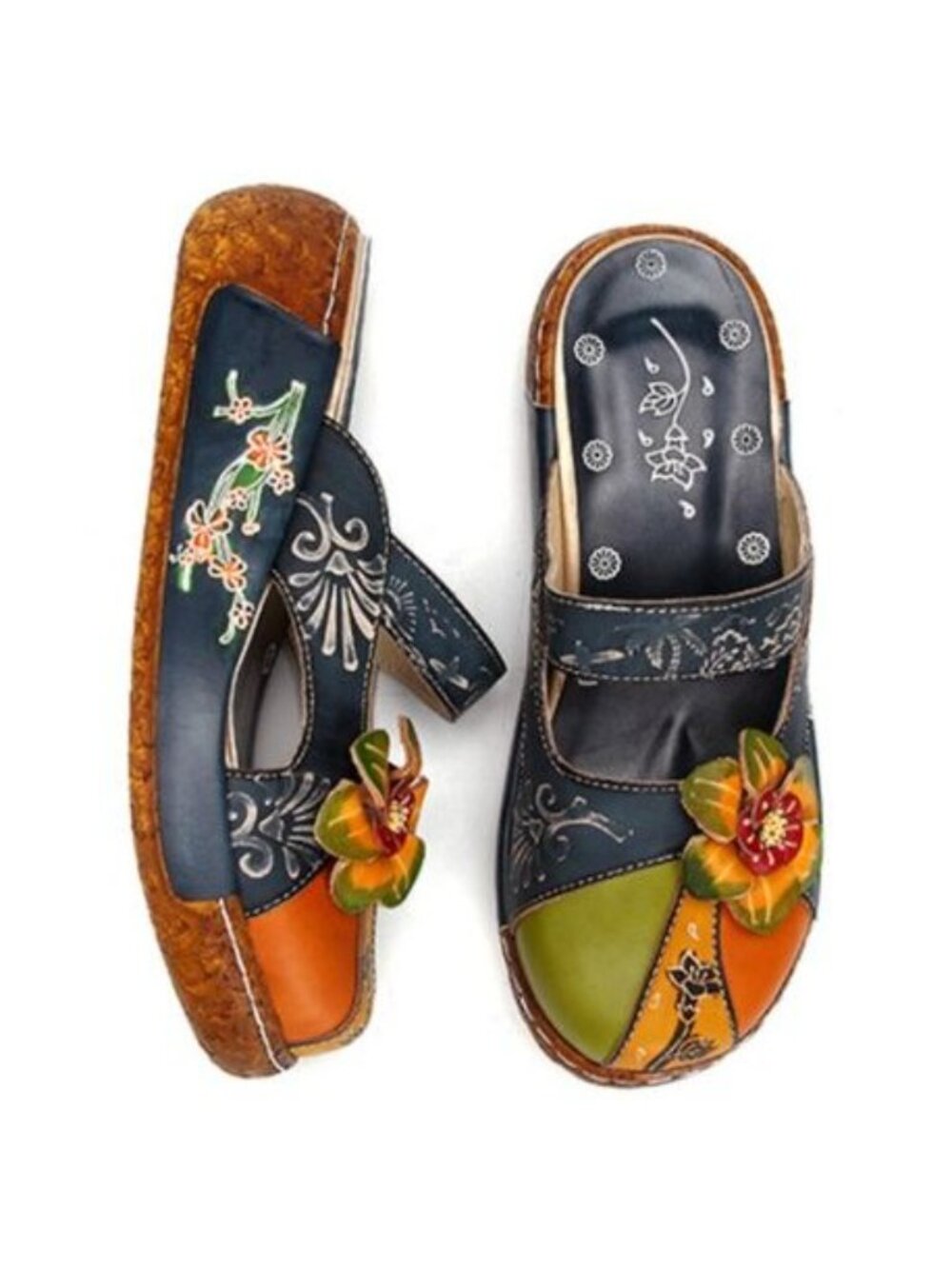 Women's Blue/Multi Flower Slip-On Leather Cut-Out Backless Platform Sandal Sz 41 - Picture 3 of 16